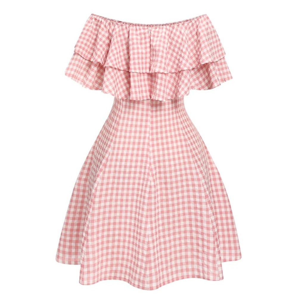 Bibi Pink Gingham Off Shoulder Ruffle Mini Dress Cottagecore Summer Picnic L a5